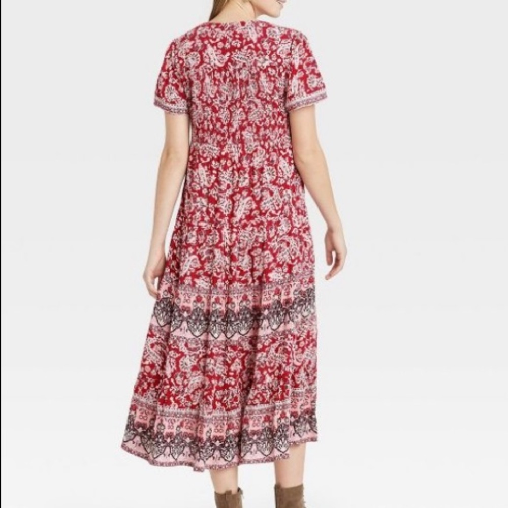 Knox Rose Dress Medium Festival Boho Hippie Red Paisley Rayon Short Sleeve NWT - Picture 2 of 4